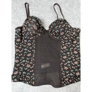Donna Loren‎ Womens Bustier Corset Top 34A Dark Brown Floral Mesh Ruffle Y2K